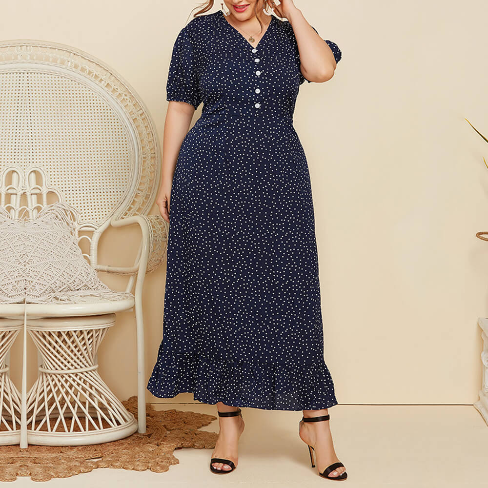 Women's Sexy V-Neck Plus Size Dress Casual Polka Dot Maxi Dresses ...