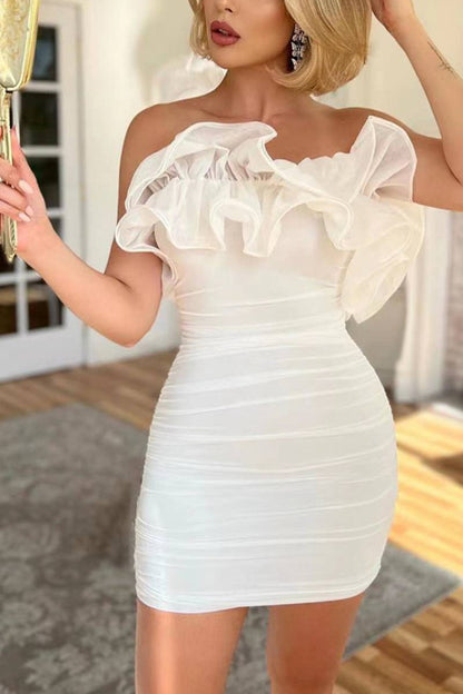 White Off Shoulder Ruffle Bodycon Mini Dress