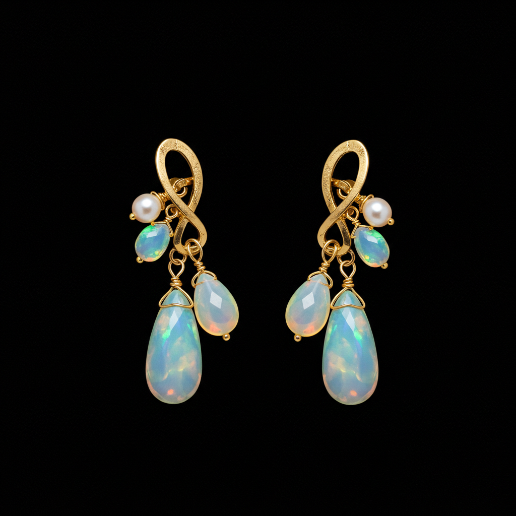 Earrings with Drops of Opal and Pearl