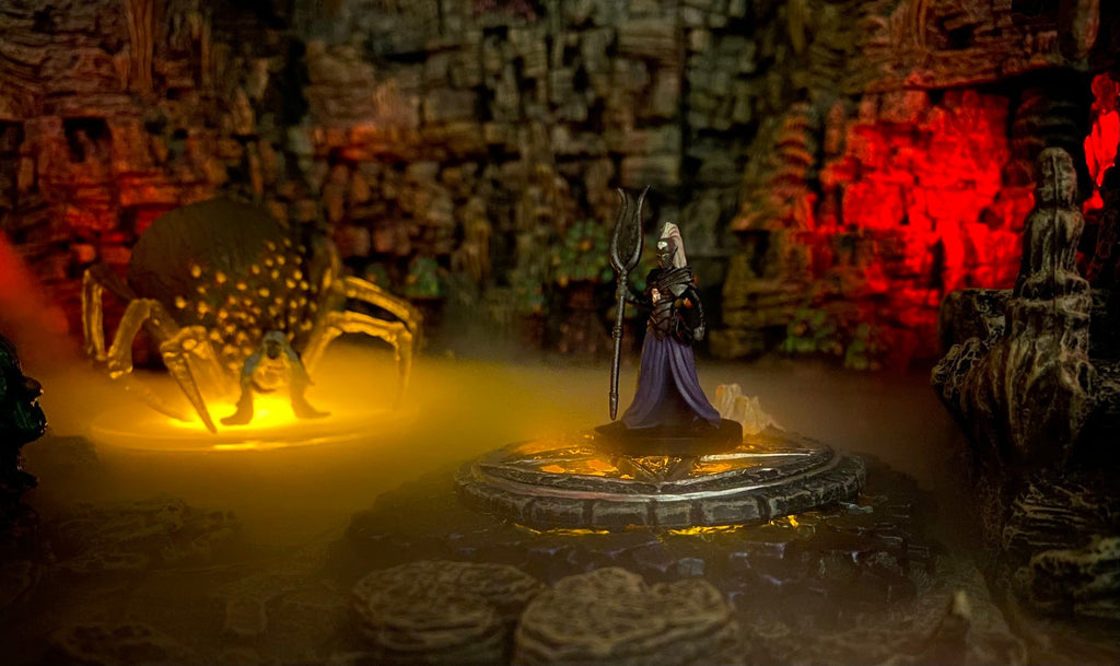 Dark Elf High Priestess stands in front of the mysterious Spider Oracle; Arachnika