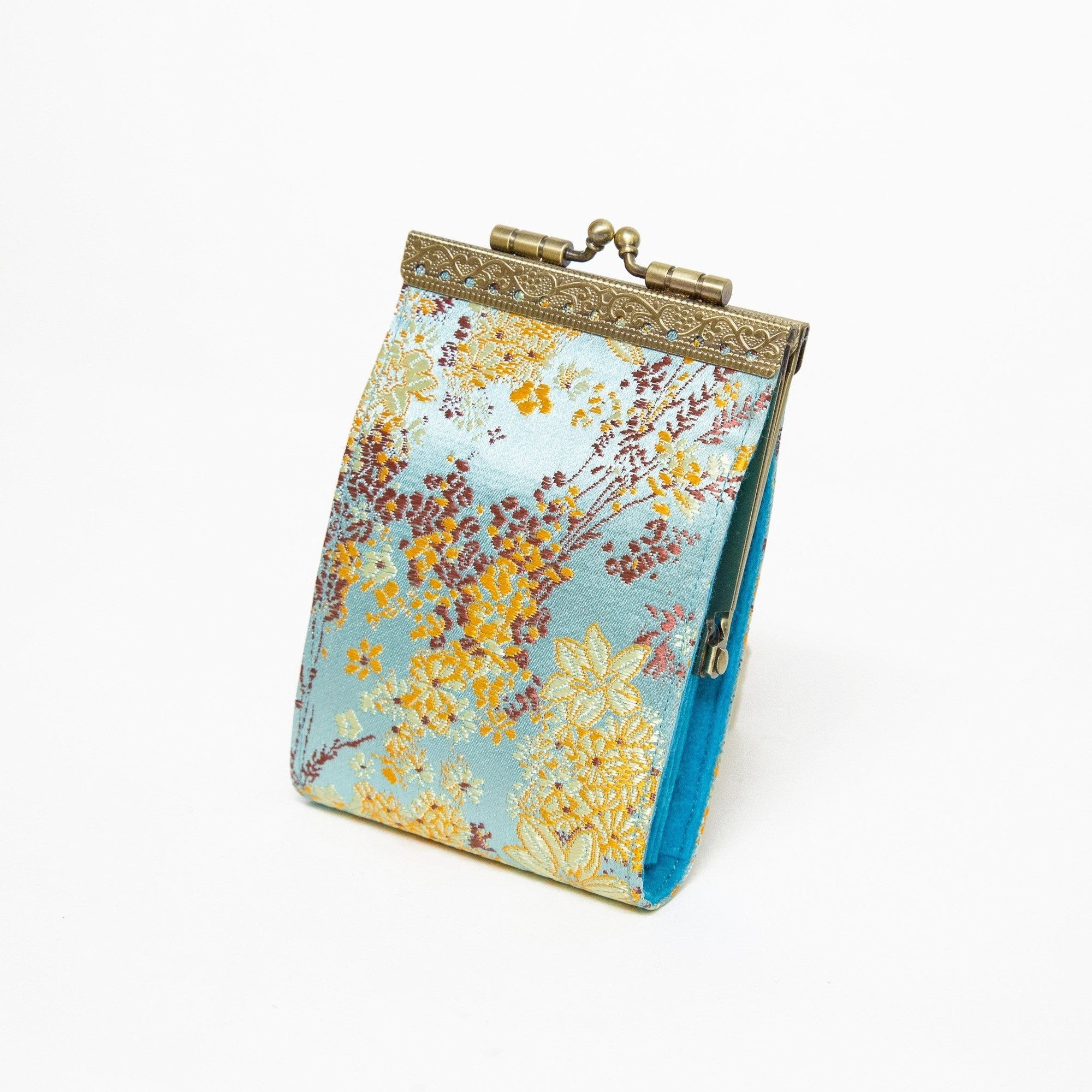 Credit Card Holder in Sky Blue Brocade Small Floral Pattern | 10 Slots | RFID Blocking