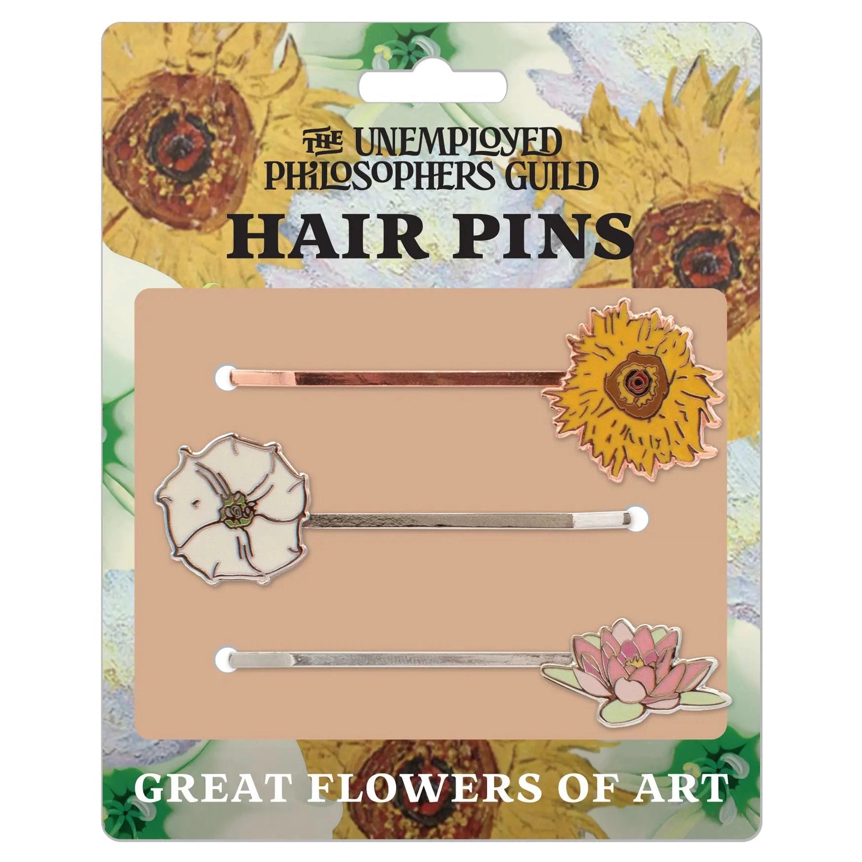 Great Flowers Of Art Hair Pins | Set of 3 | Flowers Painted by Van Gogh, O'Keefe, and Monet