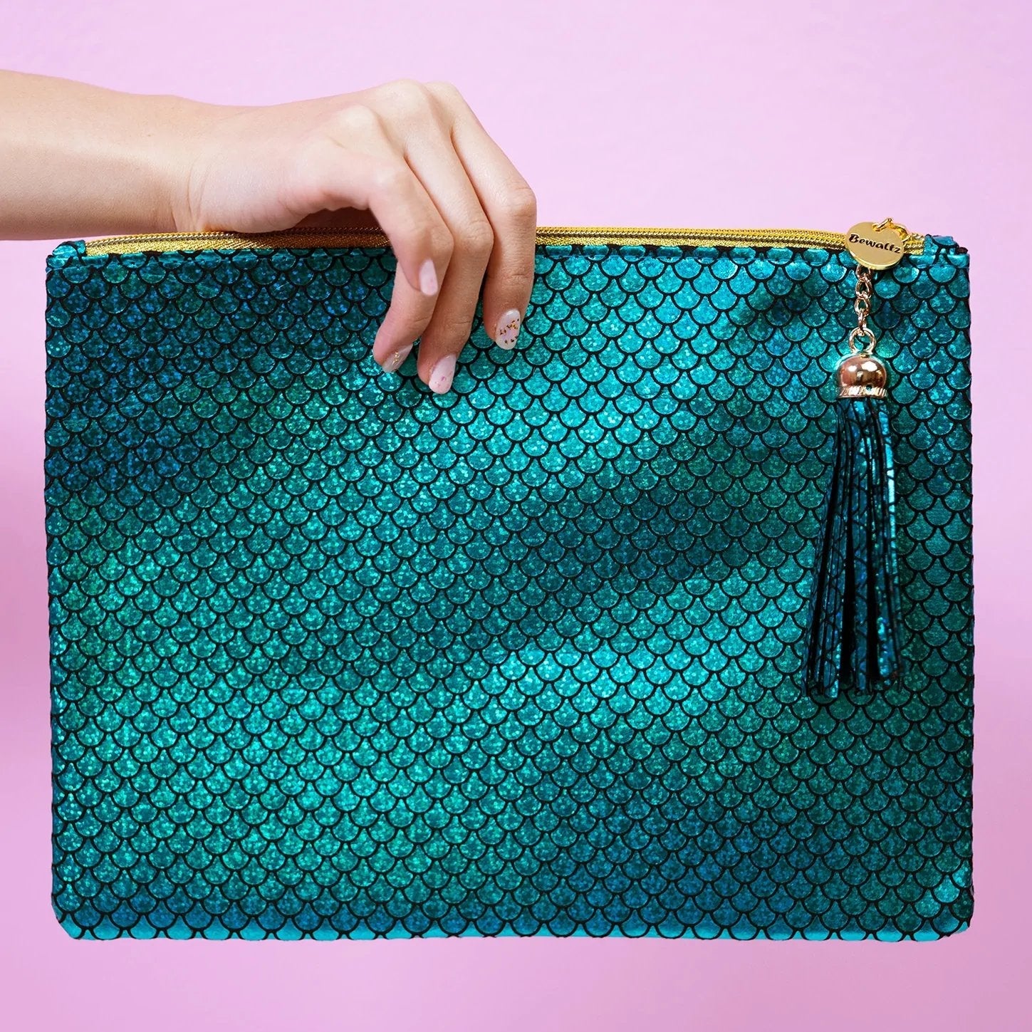 Mermaid Makeup Large Pouch With Tassel | Green with Shimmering Scales