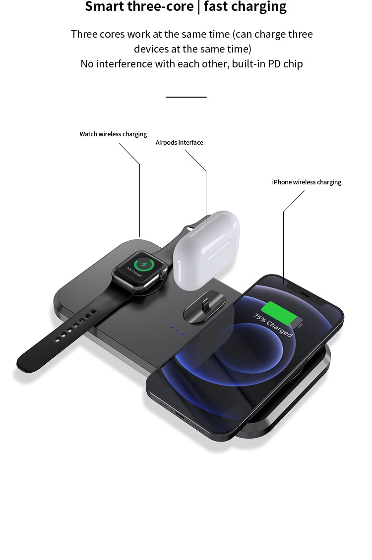 Foldable 3 in 1 Multifunctional Desktop Wireless Charger Station