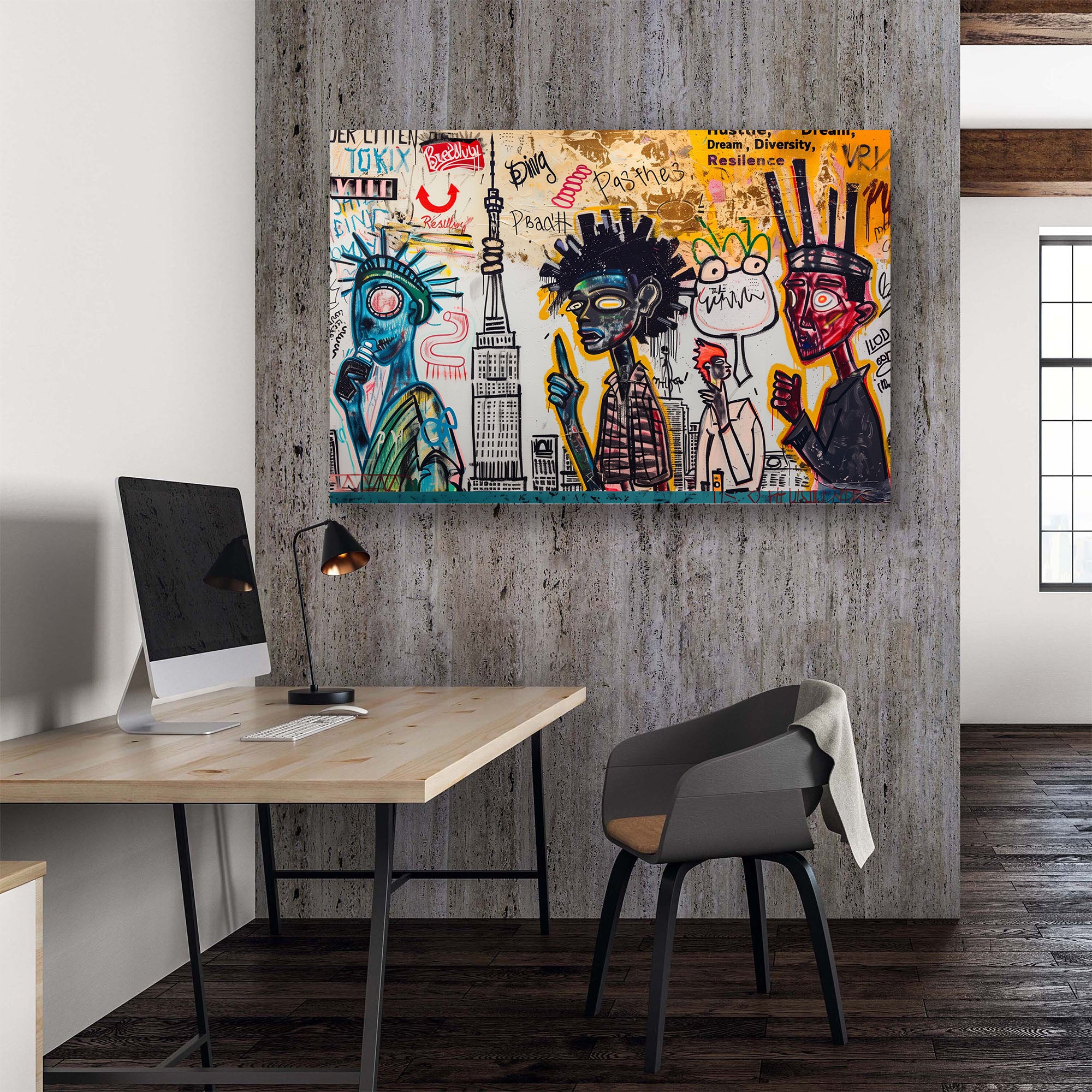 an urban painting of new york city inspired by Basquiat