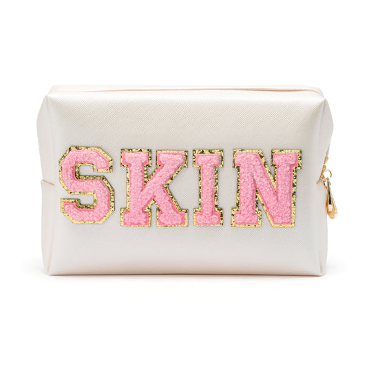 Y1tvei Preppy Patch SKIN White Letter White Cosmetic Toiletry Bag