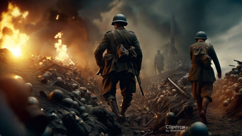 A dramatic scene depicting a German soldier mid shot, in the trenches of World War One, surrounded by shell-shocked troops, with dim lighting and heavy smoke, cinematic view, concept art, gritty, realistic, inspir