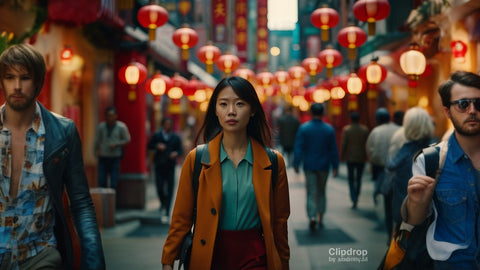 A young asian woman walking towards the camera in Chinatown. Realistic, highly detailed, and vibrant colors. Cinematic view