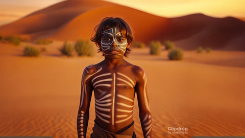 Australian aboriginal boy with face paint standing in the desert under a wide screen photographic 70mm film, highly detailed, vibrant colors, warm lighting, sandy dunes,  4K UHD image