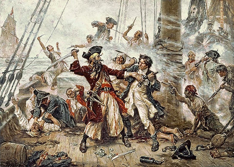 Capture of the Pirate, Blackbeard, 1718 depicting the battle between Blackbeard the Pirate and Lieutenant Maynard in Ocracoke Bay, Courtesy Wikimedia