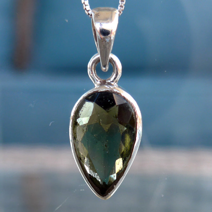 Faceted Moldavite Reverse Teardrop Pendant