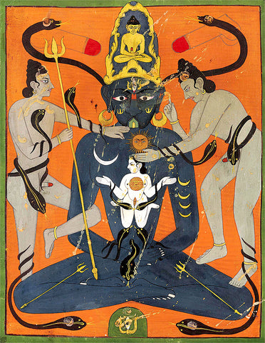 A painting of the Kundalini Tantra (18th century), 36.2 x 28.4cm. It depicts tantric symbolism of Sun and Moon, chakras, snakes (kundalini), yoni and lingam
