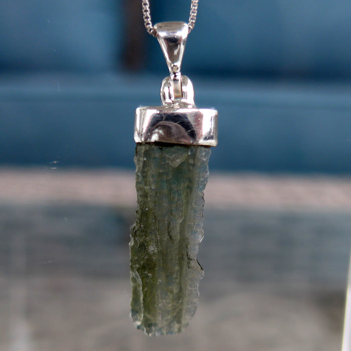 Long Translucent Unpolished Moldavite Sterling Capped Pendant