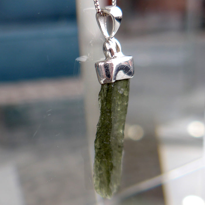 Long Translucent Unpolished Moldavite Sterling Capped Pendant