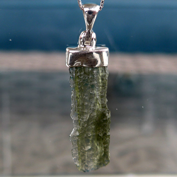 Long Translucent Unpolished Moldavite Sterling Capped Pendant