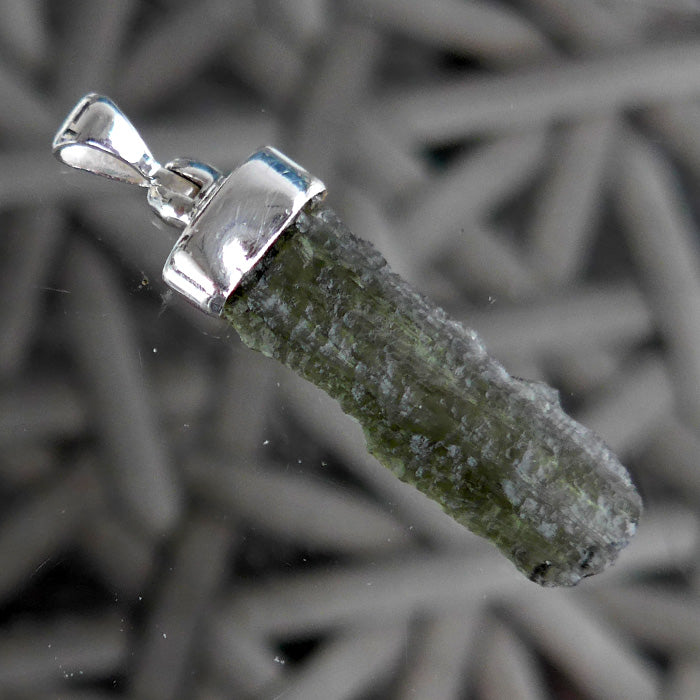 Long Translucent Unpolished Moldavite Sterling Capped Pendant