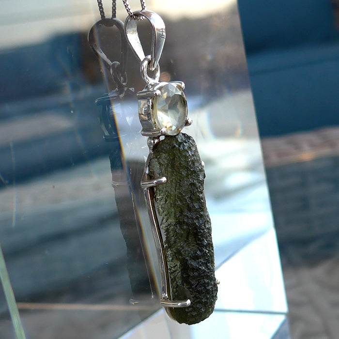 Long Unpolished Moldavite Pendant with Round Libyan Desert Glass Crown