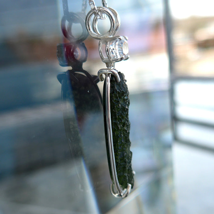 Long Unpolished Moldavite Pendant with Phenacite Crown