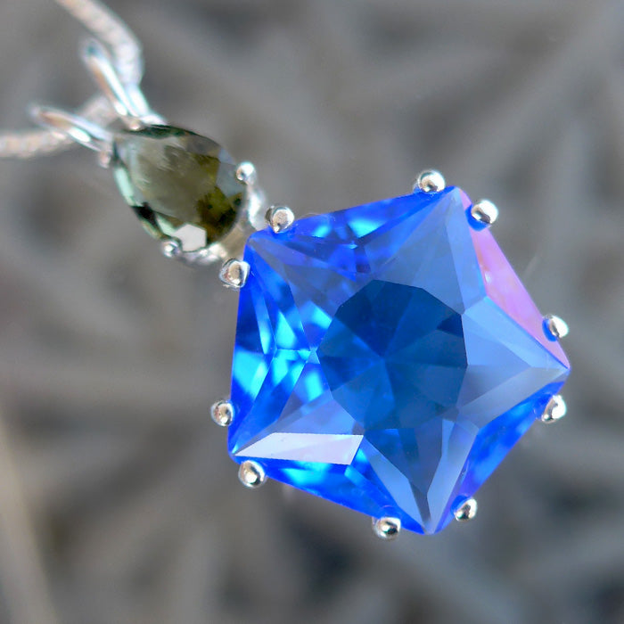 Siberian Blue Quartz Star of Venus with Teardrop Moldavite Gemstone Crown