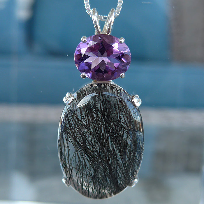 Tourmalinated Quartz Oval Pendant with Oval Amethyst Crown