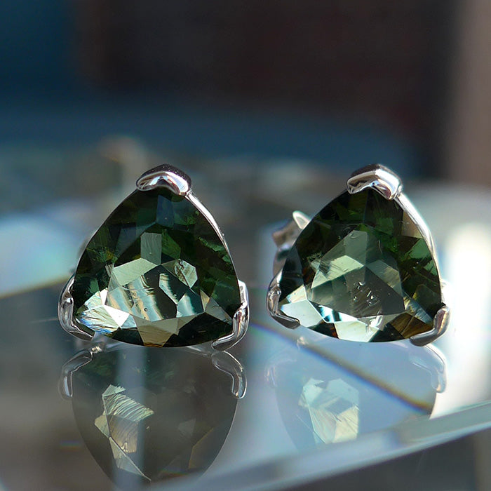 Moldavite Faceted Trillion Post Earrings