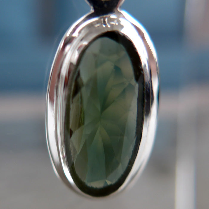 Long Faceted Oval Moldavite Bezel Set Pendant