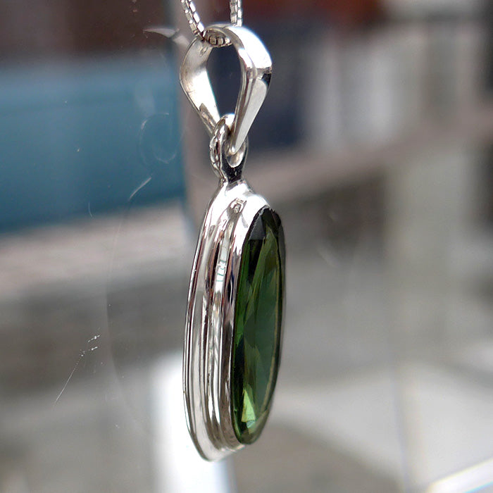 Long Faceted Oval Moldavite Bezel Set Pendant