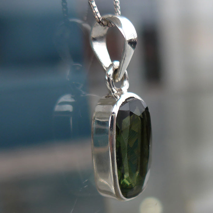 Lovely Faceted Oval Moldavite Bezel Set Pendant