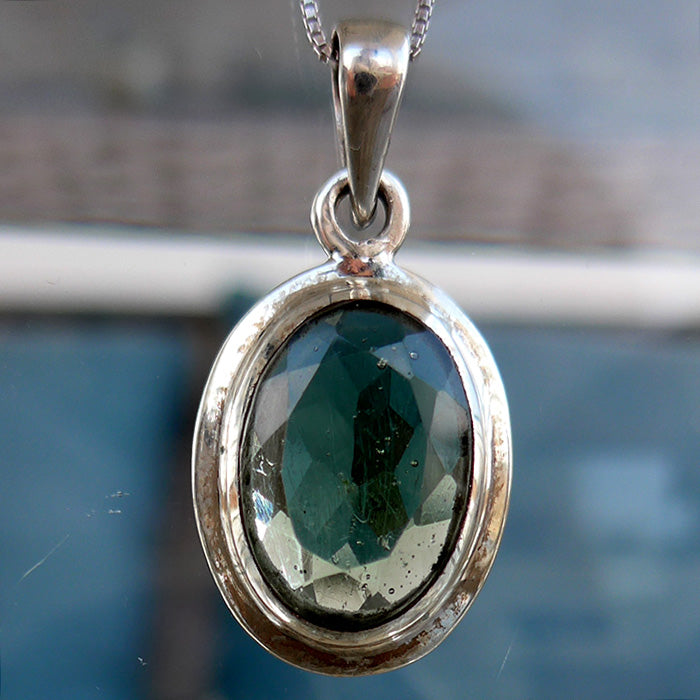 Polished Oval Faceted Moldavite Pendant