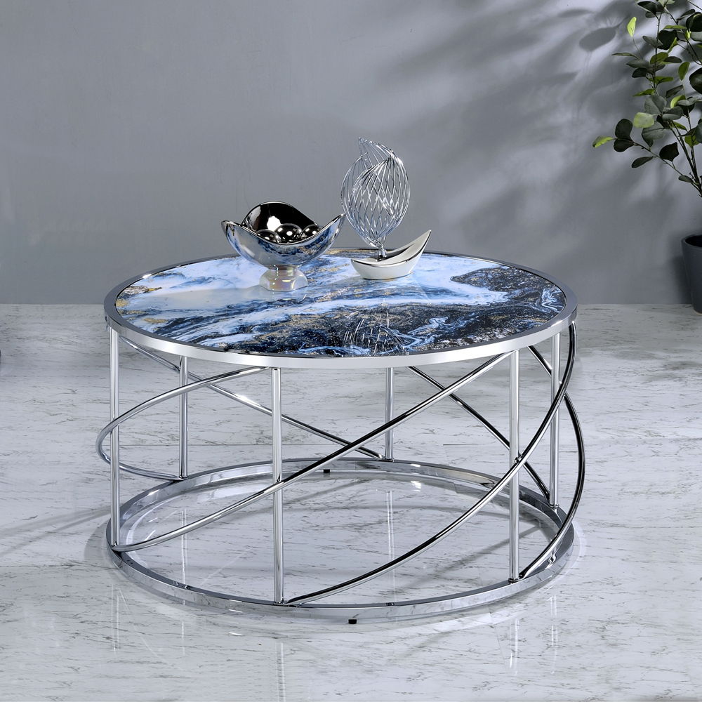 Lyda Blue Marble Print and Chrome Coffee Table