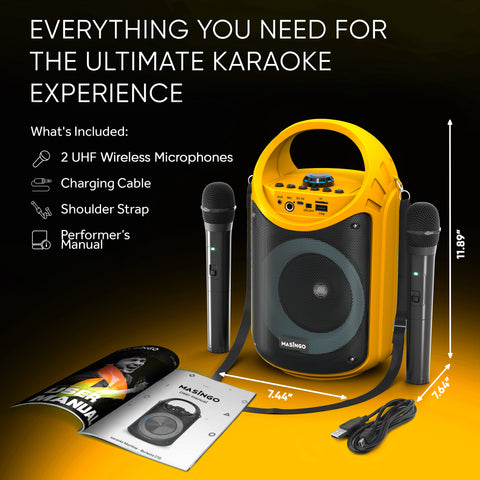 MASINGO Karaoke Machine for Adults and Kids with 2 Wireless Microphones,  Portable Singing PA Speaker System Set with 2 Bluetooth Mics, Disco Ball