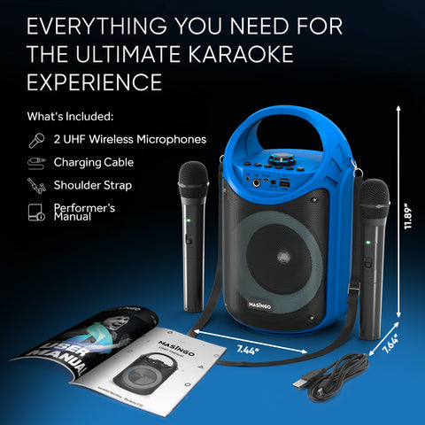 MASINGO Karaoke Machine for Adults and Kids with 2 Wireless Microphones,  Portable Bluetooth Singing Speaker, Colorful LED Lights, PA System, Lyrics