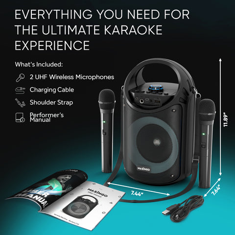 MASINGO Karaoke Machine for Adults and Kids with 2 Wireless Microphones,  Portable Singing PA Speaker System Set with 2 Bluetooth Mics, Disco Ball