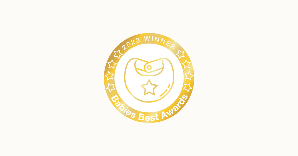 '2023 Winner Babies Best Awards seal with stars and a baby bib design.'