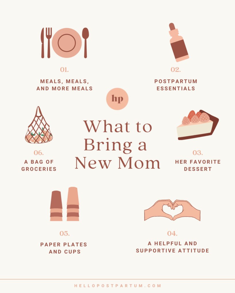 Infographic of six ideas of what to bring a new mom