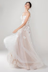 A-line V-neck Sleeveless Applique Open-Back Wedding Dress with a Brush/Sweep Train