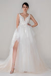 A-line V-neck Sleeveless Tulle Beaded Tiered Open-Back Applique Wedding Dress with a Court Train