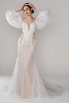 Sexy V-neck Mermaid Beaded Applique Lace-Up Corset Waistline Long Sleeves Wedding Dress With Ruffles