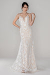 V-neck Sleeveless Mermaid Button Closure Applique Lace Wedding Dress with a Chapel Train