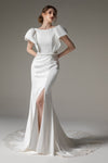 Satin Cap Sleeves Beaded Open-Back Applique Mermaid Wedding Dress with a Chapel Train
