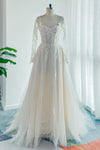 A-line Long Sleeves Applique Wedding Dress with a Court Train