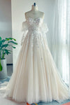 A-line Sweetheart Puff Sleeves Sleeves Applique Wedding Dress with a Chapel Train
