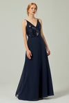 A-line V-neck Chiffon Floor Length Sleeveless Open-Back Sequined Bridesmaid Dress With a Sash