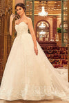 Strapless Sleeveless Beaded Lace-Up Applique Corset Waistline Ball Gown Wedding Dress with a Cathedral Train