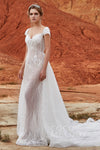 Mermaid Queen Anne Neck Applique Beaded Cap Sleeves Wedding Dress with a Chapel Train