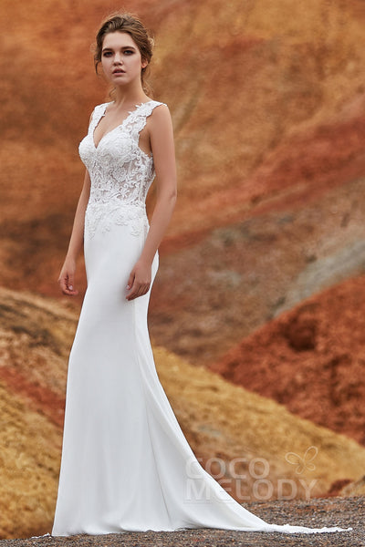 V-neck Sleeveless Mermaid Knit Beaded Applique Wedding Dress with a Chapel Train