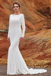 Applique Beaded Long Sleeves Knit Bateau Neck Mermaid Wedding Dress with a Court Train