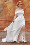 A-line Off the Shoulder Sleeveless Wedding Dress with a Chapel Train With Pearls