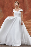 A-line Off the Shoulder Sleeveless Lace-Up Corset Waistline Wedding Dress with a Court Train With a Bow(s)
