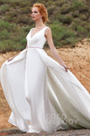 A-line V-neck Sleeveless Wedding Dress with a Chapel Train With Pearls